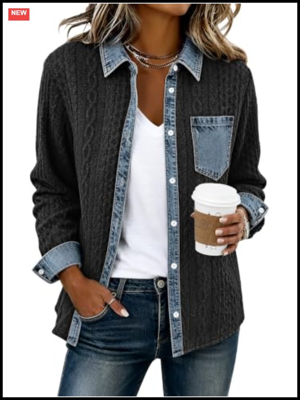 Womens Denim Patchwork Button Down Shacket Loose Fit Casual Jacket